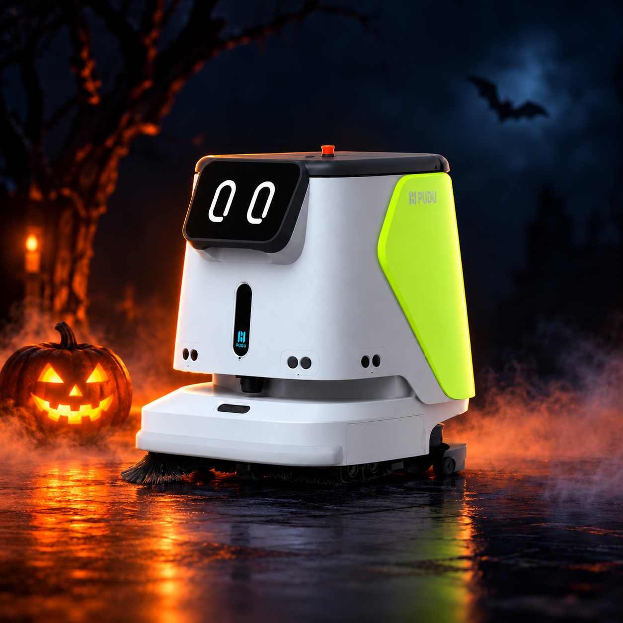 PUDU CC1 Commercial Cleaning Robot with decorative Halloween styling. Costume not included.